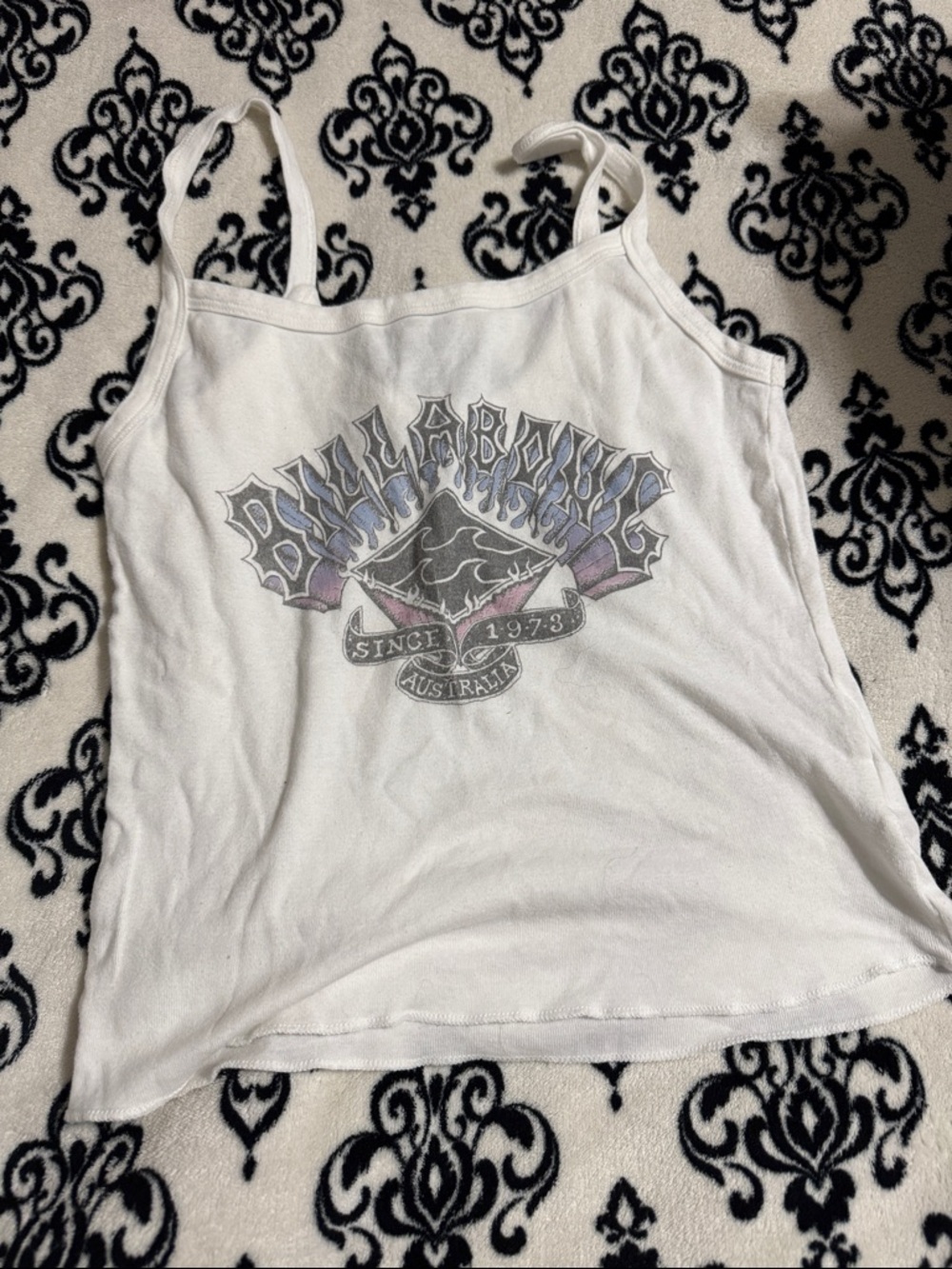 Billabong White Graphic Camisole with Subtle Purple & Gray Print